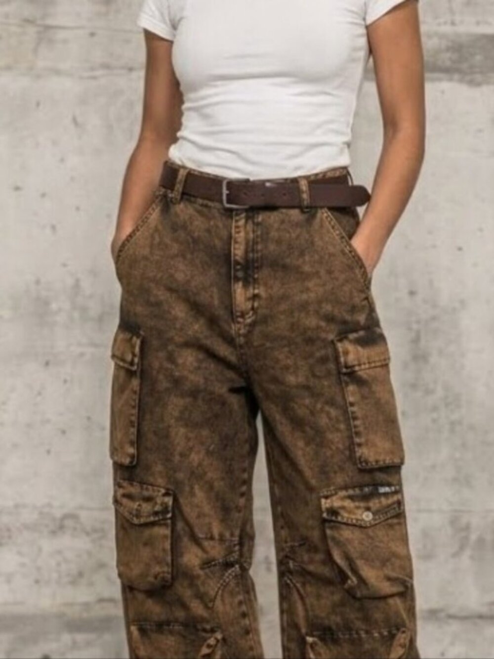 AFRM PARKER Baggy Distressed Brown Wide-Leg Cargo Jeans